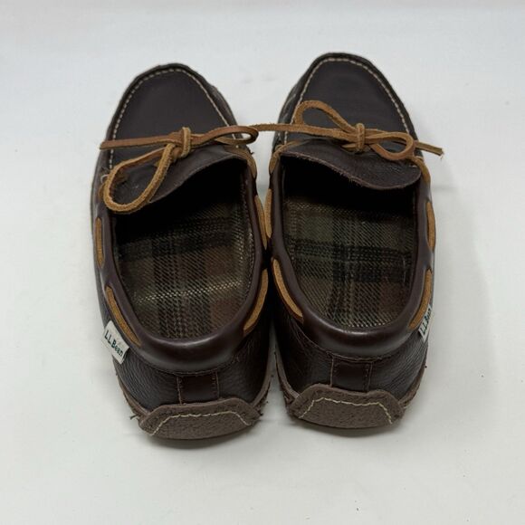 LL Bean Slippers Mens 9 M Brown Leather Flannel Lined Handsewn Moccasin Shoes - Picture 9 of 16